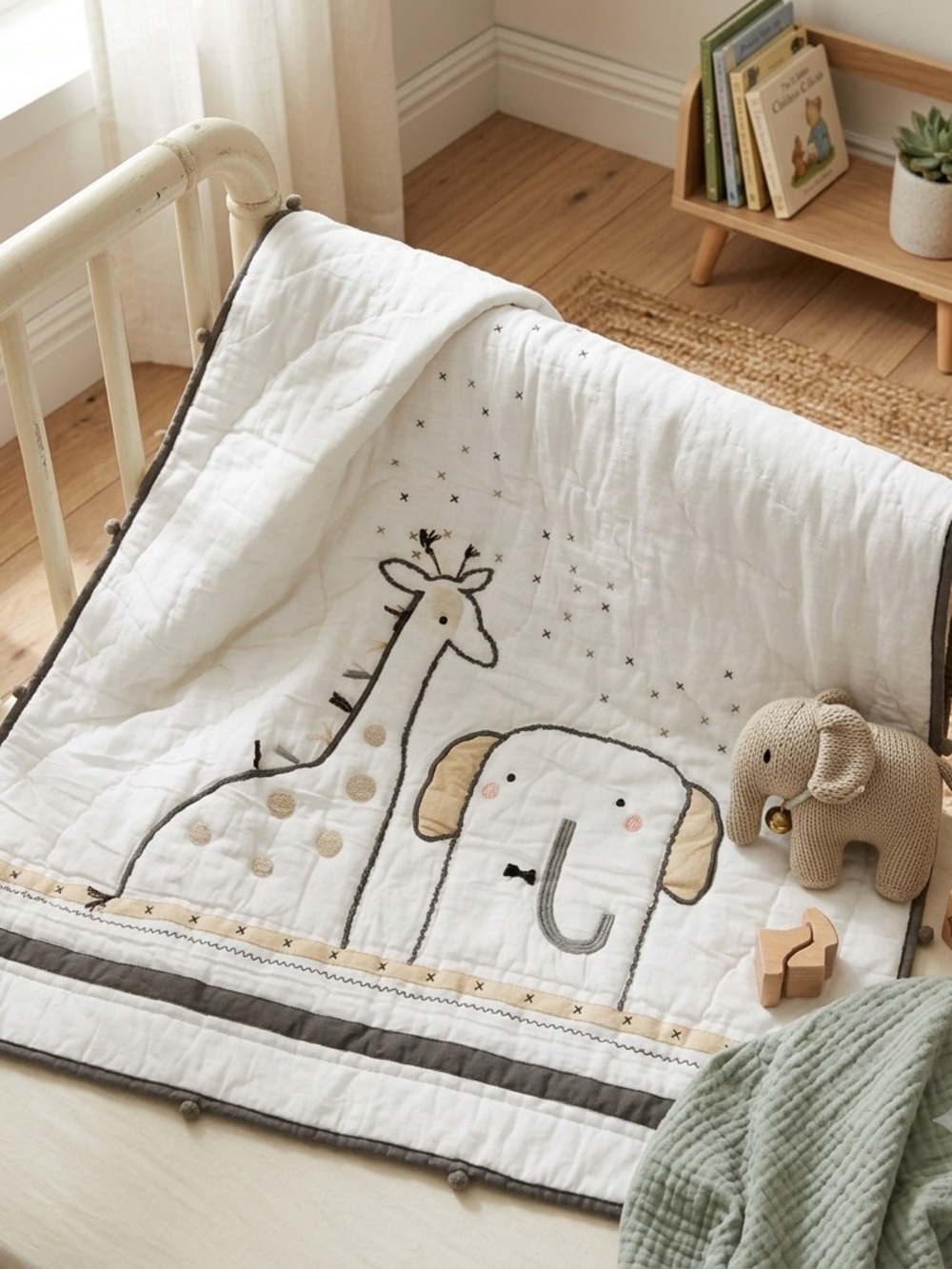 Handmade Starry Savannah Embroidery Baby/Toddler Cotton Crib Quilt Hand stitched